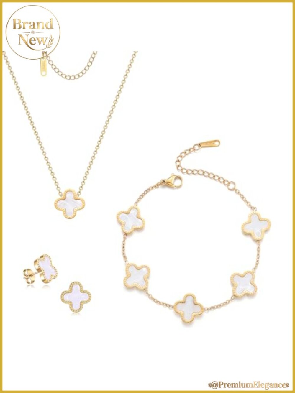 18K Gold Plated Stainless Steel Four Leaf Clover Jewelry Set Bracelet Necklace